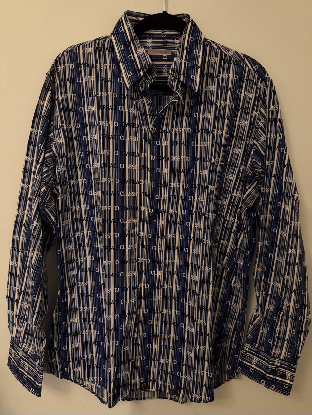 Vintage 90s Versace Classic Navy and White Patterned Monogram Shirt